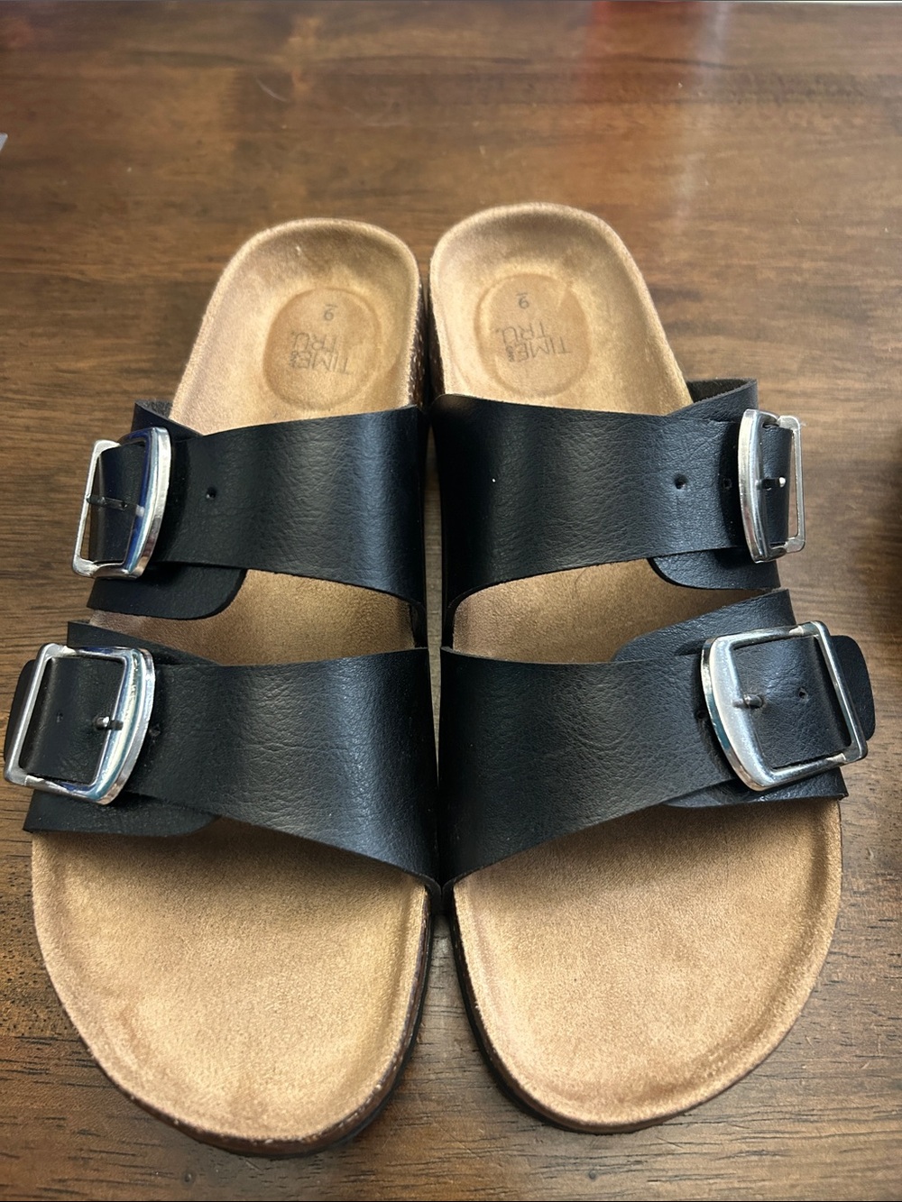 Time and Tru Black Double Buckle Women's Slide Sandals